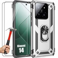 Coque pour Xiaomi 14 - Argenté - Rigide - 2 Verres Trempés - Support Métal 360°