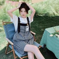 Hepburn-Style Black & White Plaid Bib Shorts and French Tea Break Long Skirt - Summer 2024 L