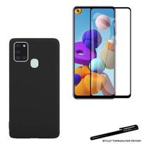 Tempered glass for Samsung Galaxy A21S black edges and soft protective case Black with Stylus Toproducts® juoda
