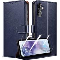 Case for Samsung Galaxy A55 5G - BOOLING - Shockproof in PU Leather and TPU - Card Slots - Navy Blue with 2 Tempered Glasses mėlyna