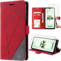Semi-rigid case in retro red PU leather for Samsung Galaxy A14 4G-5G + 2 tempered glasses raudona