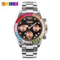 Lady Dress Watch Calendar Colorful Rhinestone Dial Casual Business Women Wristwatch Rose Gold Silver Stainless Steel juoda