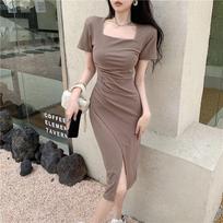 Dress for Women's Neck Short-sleeved Slim One-step Skirt for Summer Korean Style Design Pleated Slit Skirt M
