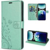 Coque pour Xiaomi Redmi Note 14 Pro Plus 5G/Note 14 Pro+ 5G, Protection Rabat Synthécuir Vert Motif Papillon Fleur