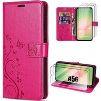 Case for Samsung Galaxy A56 5G - BOOLING - Synthetic Leather Embossed Butterfly Pattern Fuchsia - 2 Tempered Glass fuksija