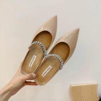 Cowhide version~ Small person inner height increase leather cool slippers Women's summer wear pointed rhinestones half a pedal slippers 34 kūno spalva