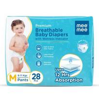 Mee Mee Premium kvėpuojamos vaikiškos sauskelnės-kelnaitės, (M) dydis, pakuotė iš 28 vnt. 6-11 kg | Greitai sugeriantys, medvilnės švelnumo, su drėgmės indikatoriumi