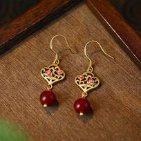 Chinese Style Enamel Pearl Begonia Flower Sterling Silver Earrings - Light Luxury Qipao Studs for Girls Electroplated Gold brown