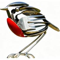 Recycled Fork & Spoon Robin Figurine, Rustic Red Chest Bird Statue, Scrap Metal Art Decor, Handmade Garden Ornament, Weatherproof Yard Patio Decor, raudona