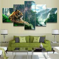 Svetainės HD spausdintas plakatas Modernus sienų menas Tapyba 5 dalių Tigras ir kalnų krioklys Namų dekoravimo paveikslai 20x35cm*2  20x45cm*2  20x55cm*1 gray