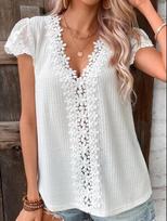 Blusas vasariniai nėriniai, masyvūs, trumpomis rankovėmis, laisvalaikio marškinėliai Moteriški laisvi marškinėliai Moteriški marškinėliai su V formos iškirpte. XXXL balta