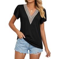 Spring/Summer Lace V-Neck Short Sleeve Solid T-Shirt Top S juoda