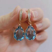 Teardrop Crystal Zircon Drop Earrings for Women Fashion Gold Color Party Jewelry Accessories mėlyna