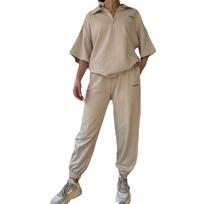 BITCED Printed T-shirt Lapel Baggy Short Sleeve Top Patchwork Pants Suit S abrikosas