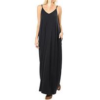 Women V-neck Sleeveless Sling Dress Solid Color Side Pockets Loose Fit Thin Maxi Dress Thin Holiday Long Dress Streetwear S juoda