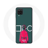 Coque Samsung Galaxy A12 Squid Game Soldat Rouge avec Masque Cercle Fond Vert