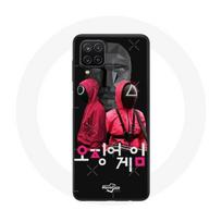 Coque Samsung Galaxy A12 Squid Game Affiche masques soldats logo coréen