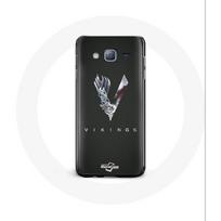 Coque pour Samsung Galaxy J7 Vikings Série Saison 6 logo V Epée Gris Fond Noir