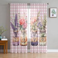 Valentino dienai Gėlėtos languotos tiulio užuolaidos svetainei Permatomos užuolaidos miegamojo virtuvės žaliuzės Voile užuolaidos 135W x 114H(cm) white