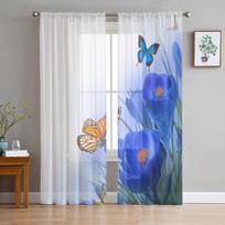 Spring Blue Flower With Butterfly Sheer Curtains For Living Room Window Transparent Tulle Curtain Bedroom Drapes Home Decor 135W x 114H(cm) white