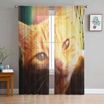 Cute Cat Yellow Net Modern Printed Tulle Curtains for Bedroom Balcony Window Decor Creative Fashion Home Sheer Curtain 135W x 114H(cm)
