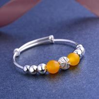S990 Foot Silver Beaded Yellow Jade Marrow Baby Pure Silver Bracelet for Boys and Girls, Baby Full Moon Silver Bracelet, Foot Ring Jewelry Adjustable size gray