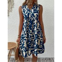 Moteriška boho rašto mini suknelė vasarai, elegantiška, be rankovių, V formos iškirpte, su volanais, A silueto, tankinio tipo, kasdieniška, laisva, didesnio dydžio, paplūdimio vakarėliui, vasarinė suknelė L mėlyna