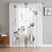 Cat Sniffing A Flower Spring White Tulle Sheer Curtains for Living Room Bedroom Kitchen Decoration Voile Organza Curtains 135W x 114H(cm) white