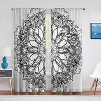 Juodai baltas boho mandalos rašto tiulio užuolaidas svetainės miegamojo dekoravimui, permatomos šifono plonos voilinės langų užuolaidos 1 PCS W100XH250cm&Rod Pocket white