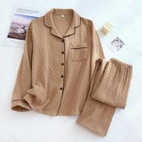 Pavasario ir rudens naujas moteriškas pižamos komplektas 100% medvilnės krepas Ilgomis rankovėmis kelnės Dviejų dalių Taškeliai Mielas namų drabužis Plonas komplektas L ruda