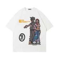 Anime animacinių filmukų laisvalaikio marškinėliai trumpomis rankovėmis, unisex „Instagram“ gatvės tendencija, vasariški laisvo kirpimo grynos medvilnės marškinėliai ketvirčio rankovėmis S balta