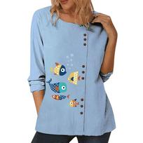Feminine Blue Cotton Top for Ladies with Multiple Personality Prints, Round Neck, Long Sleeves, and Button Decoration in Sizes S-5XL S gray