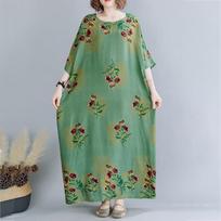 WTEMPO Green Plus Size Ladies Dress Summer Round Neck Long Dress Casual Full Length Flower Pattern One Size žalia