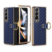 Elegant Plating Leather Ring Bracket for Samsung Galaxy Z Fold 6 5 4 3 Magnetic Case with Tempered Film Folding Shockproof Cover For Galaxy Z Fold 6 rožinė