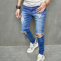 2024 New European And American Style Men'S Perforated Small Leg Jeans With Slight Elasticity Men'S Denim Pants 28 tamsiai mėlyna spalva