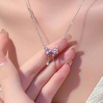 Pink Diamond Butterfly S999 Sterling Silver Necklace for Women Light Luxury Minority High-Grade Design Clavicle Chain beige