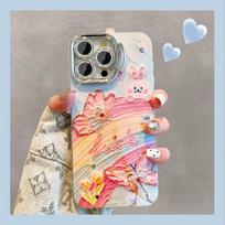 Phone Case For iPhone 11 12 13 14 Pro Max 14 15 Plus 12pro fashion Butterfly Rainbow Bunnies Pattern Invisible lens bracket protective film Back Cover for iphone 14 Plus rožinė