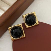 Black Agate Pearl Stud Metal Geometric Square Women'S Cold Wind Atmosphere Advanced Sense Exaggerated