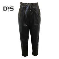 Women Pants Elastic High Waist Lace-up Imitation Leather Trousers Straight Fit Solid Color Casual Style Long Pants XL juoda