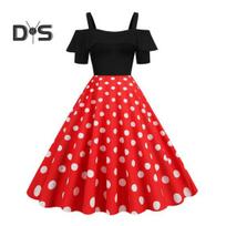Women Retro Sling Off Shoulder Midi Dress Ruffles Sleeve Dot Print Patchwork Holiday Dress High Waist A Line Party Dress 2XL raudona