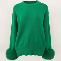 OFTBUY Winter Women Sweater Knitted Real Fox Fur Cuff Round Neck Loose Knit Mid-length Woolen Blends XXL įvairiaspalvis