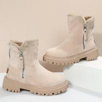 Middle Tube Side Zipper Thick-soled Snow Boots Women's Winter Cloth Piled Thickened Warm Cotton Shoes 35 chaki