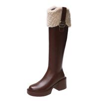 Winter Women's Keep Warm Fur Knight Boots Fashion Back Zipper Chunky Heel Knee High Boots for Women Platform Shoes Women's Boots 35