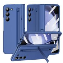 For Samsung Galaxy Z Fold 6 5 4 3 Case Skin Friendly Matte with Tempered Film Pen Slot Capacitor Pen Folding Hinge Bracket Cover for Galaxy Z Fold 6&case with touch pen mėlyna