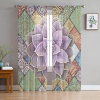 Watercolor Succulent Mandala Sheer Curtains for Living Room Modern Voile Curtain Bedroom Tulle Curtains Window Drapes Decor W135 x H114cm