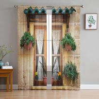 Mediniai langai Plytelės Plytos Gėlių vazonas Tamsus plonas langų užuolaida svetainei miegamajam Modernios voile organzos užuolaidos W135 x H115cm x1&Rod Pocket