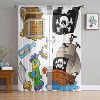 Pirate Ship Cartoon Parrot Curtain For Living Room Transparent Tulle Curtains Window Sheer For The Bedroom Accessories Decor W135 x H114cm