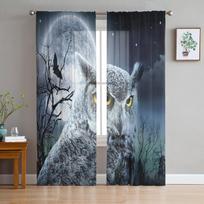 Moon Owl Bat Night Spooky Forest Chiffon Sheer Curtains for Living Room Bedroom Home Decor Window Voile Tulle Curtain Drapes W135 x H114cm gray