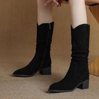Krazing Pot Cow Suede Nubuck Winter Med Heels Western Boots Women Zipper Mid-calf Boots 34 juoda