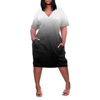 Summer Plus Size V Neck Short Sleeve Knee Pocket Gradient Print Casual Dress For  Women L juoda